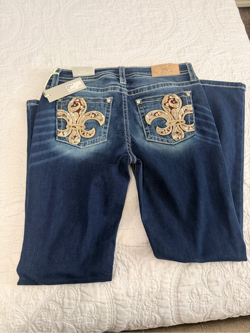 Miss Me Dark Blue Jeans with Cream & Tan Embroidered Fleur-de-Lis Pockets